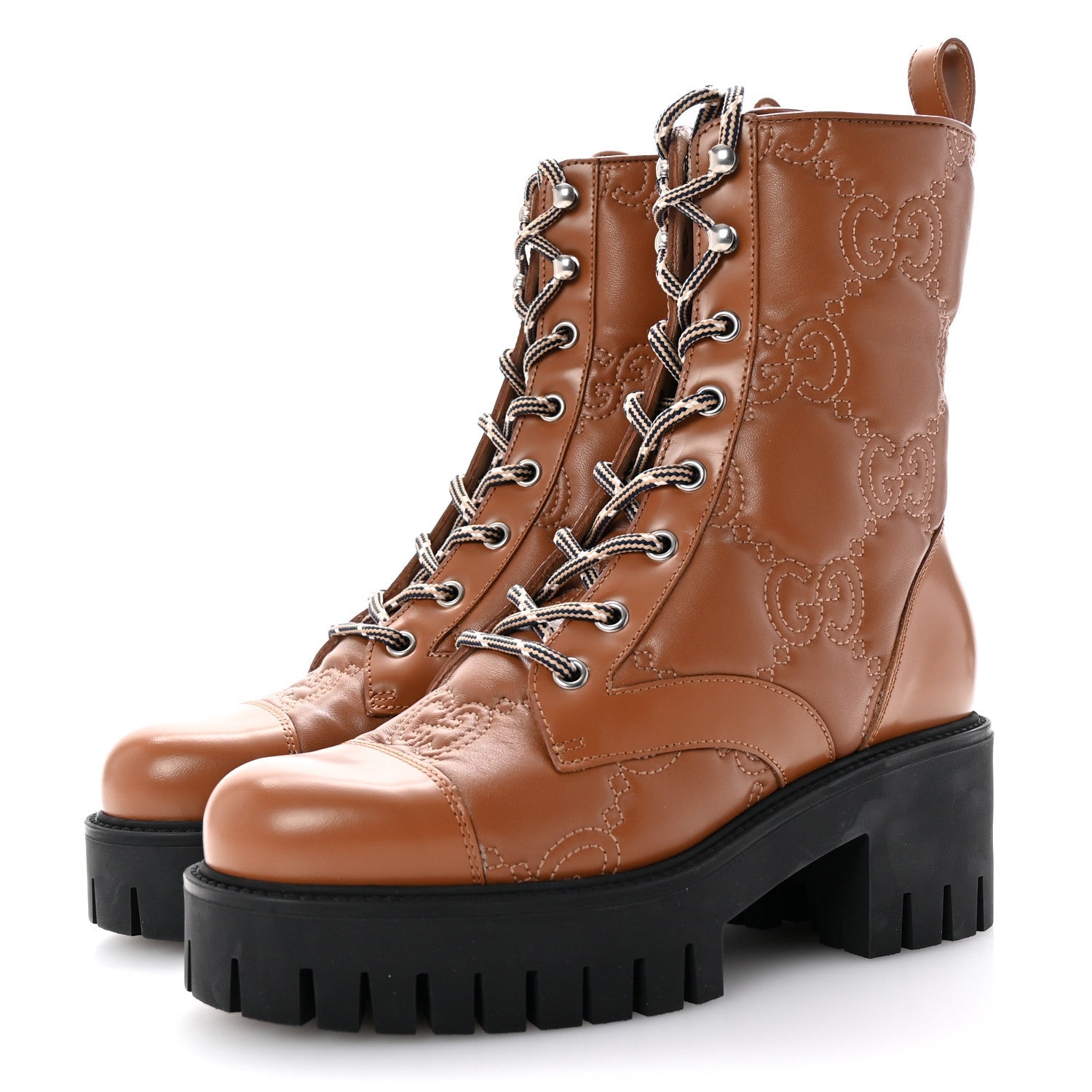 Gucci Cordovan Lux Nappa GG Matelasse Lace Up 60mm Combat Boots 36 Dark Hazel Brown