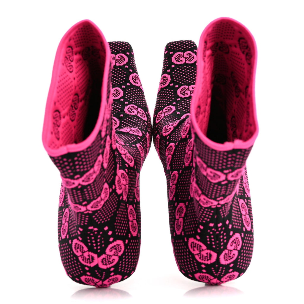 Gucci Technical Jersey Knit GG Monogram Square G 75mm Ankle Boots 37 Black Neon Fucsia