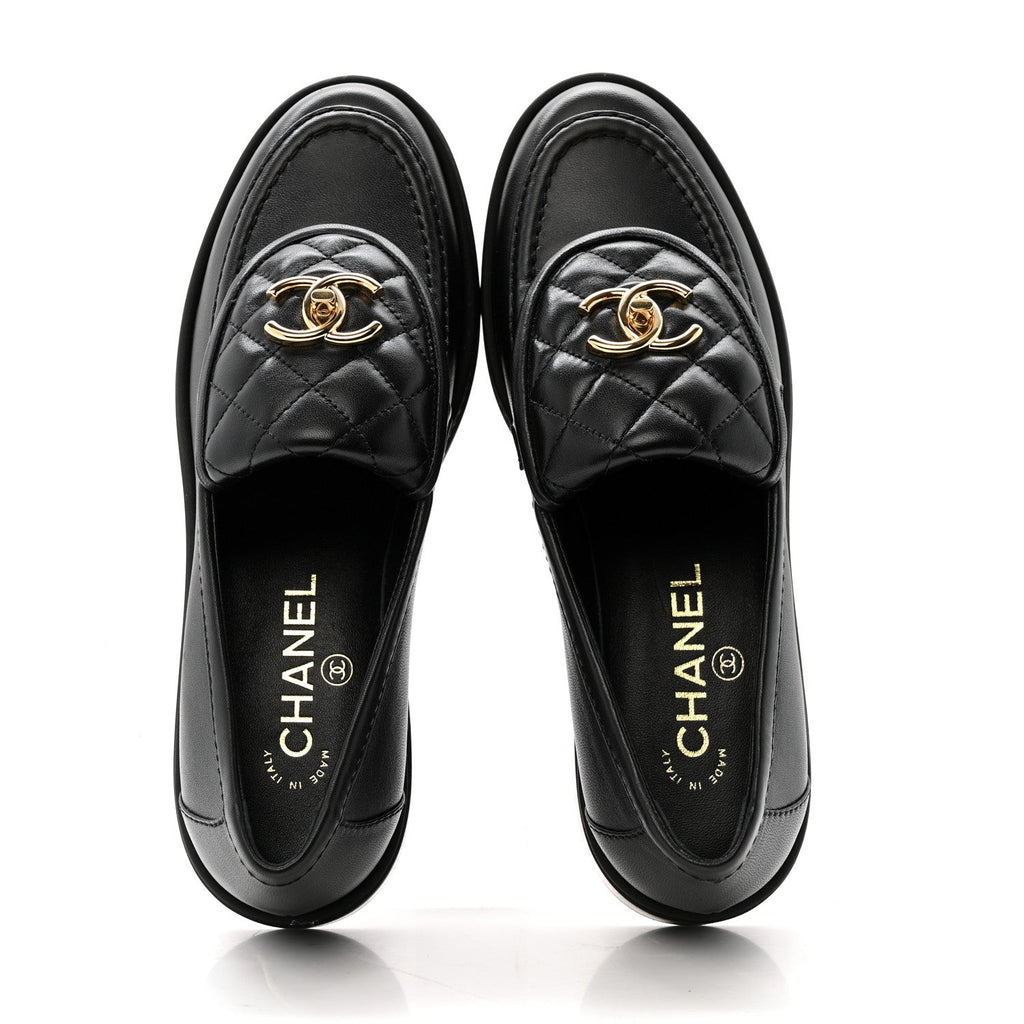 Chanel Lambskin Quilted CC Turnlock Loafers 38 Black