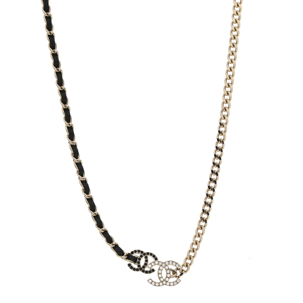 Chanel Lambskin Crystal CC Chain Choker Necklace Black Gold