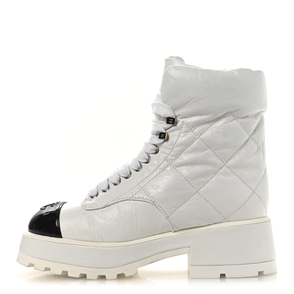 Chanel Crumpled Patent Lambskin Calfskin Quilted Lace Up Combat Boots 37 White Black
