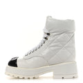 Chanel Crumpled Patent Lambskin Calfskin Quilted Lace Up Combat Boots 37 White Black