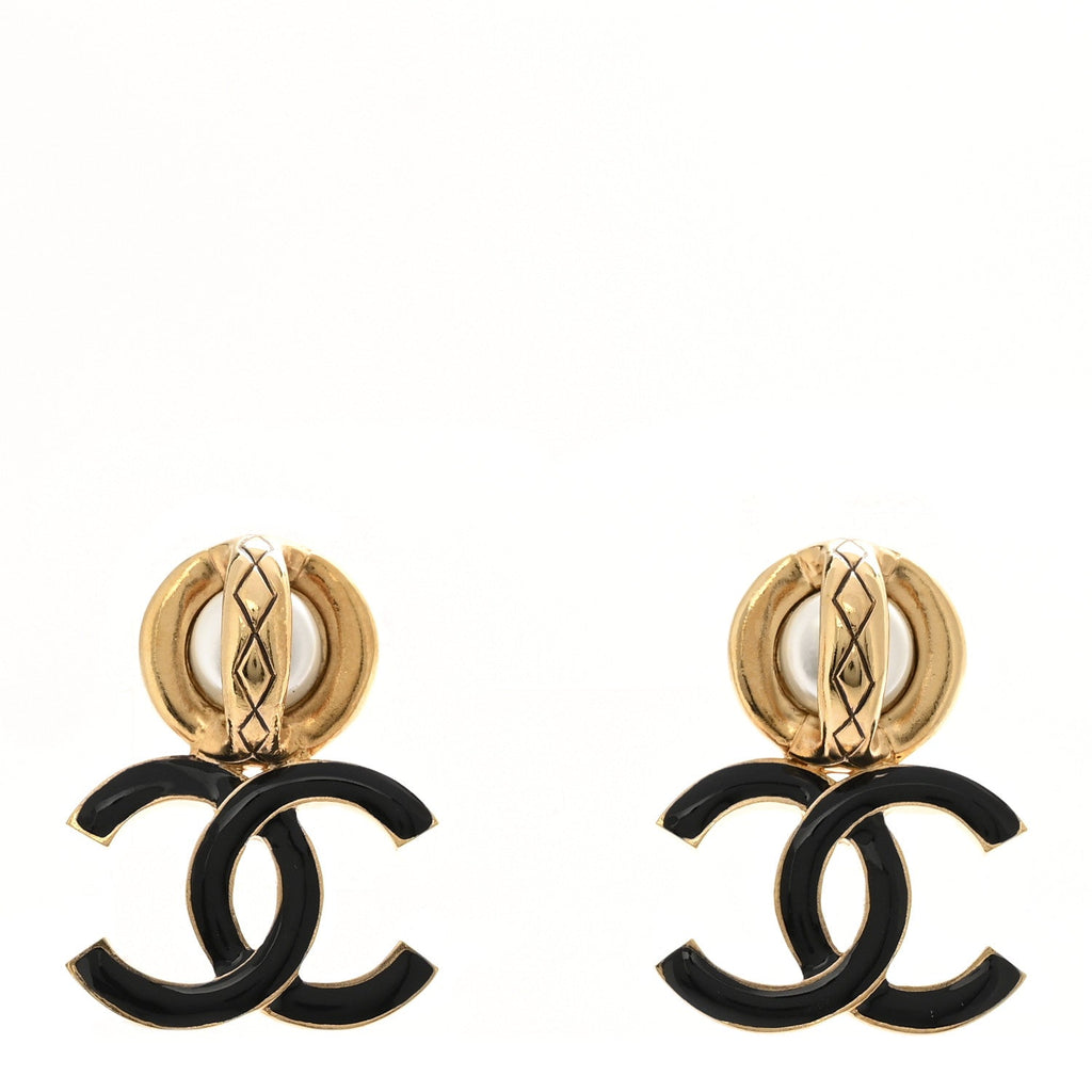 Chanel Pearl Resin CC Drop Earrings Gold Black