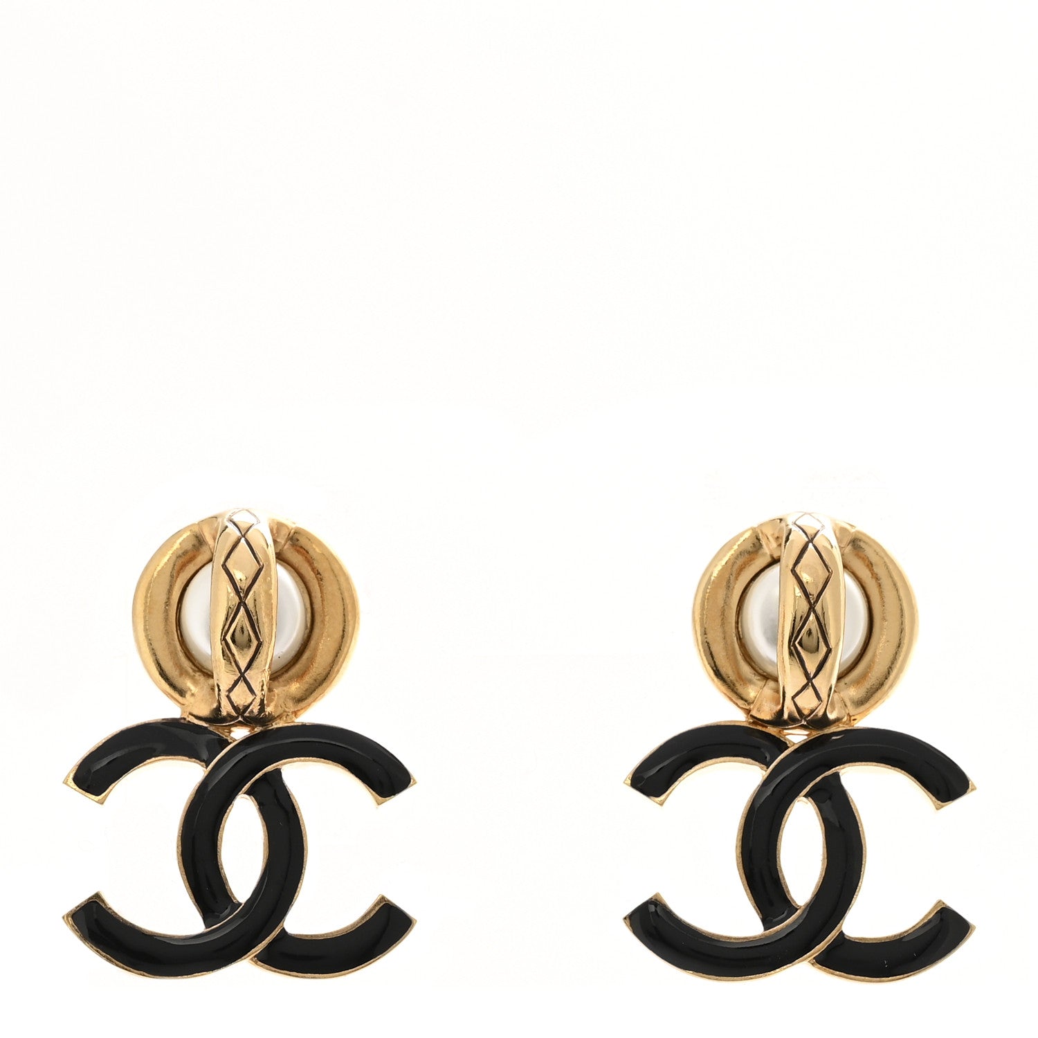 Chanel Pearl Resin CC Drop Earrings Gold Black