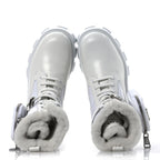 Prada Spazzolato Rois Nylon Shearling Metal Triangle Logo Monolith Pouch Pocket 55mm Boots 35.5 White