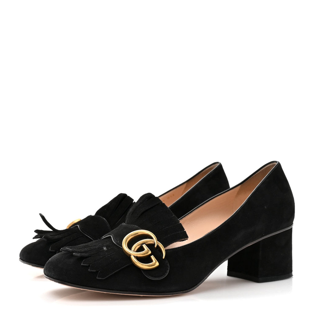 Gucci Kid Scamosciato GG Marmont Fringe 50mm Loafer Pumps 39.5 Black