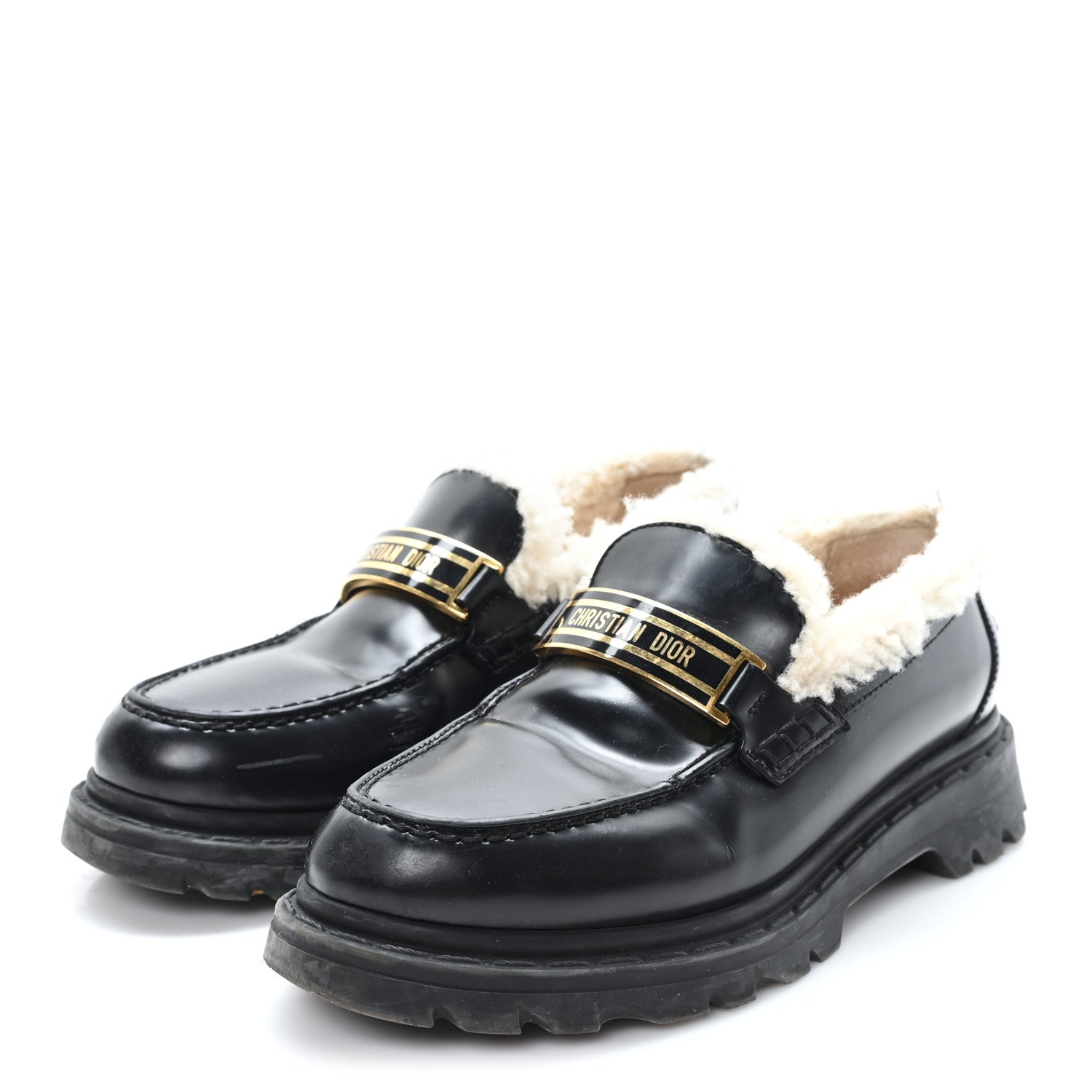 Christian Dior Brushed Calfskin Shearling Dior Code Lug Sole 15mm Loafers 35.5 Black Natural