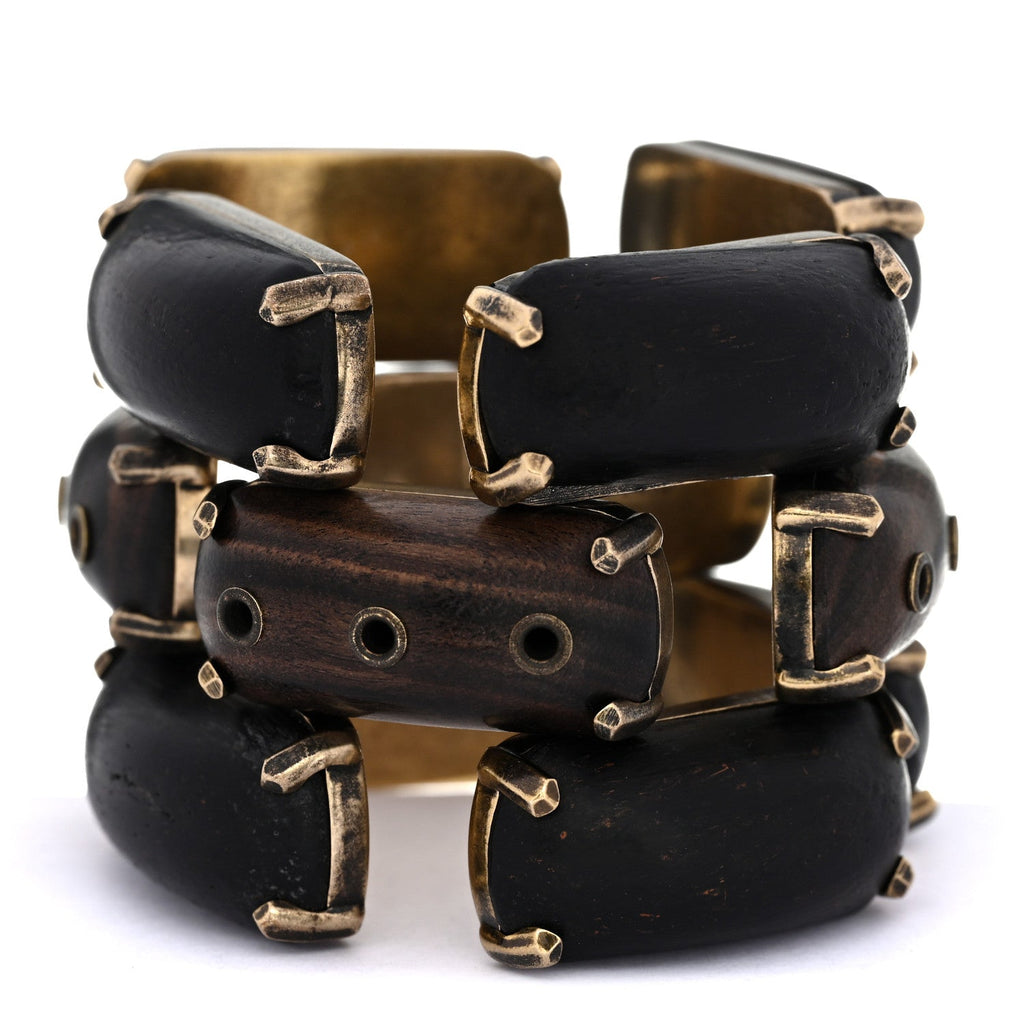Saint Laurent Metal Wood Rivet Bangle Bracelet S Bronze Marron