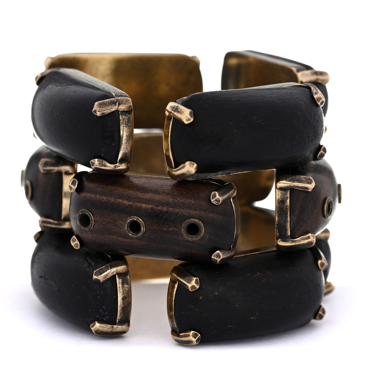 Saint Laurent Metal Wood Rivet Bangle Bracelet S Bronze Marron