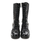 Chanel Shiny Calfskin Patent Quilted Chain Lace Up Combat Long Boots 38.5 Black