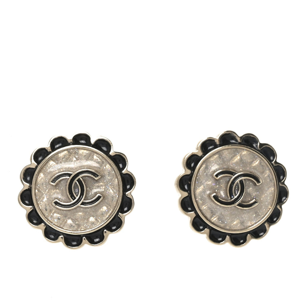 Chanel Metal Enamel CC Round Earrings Gold Black