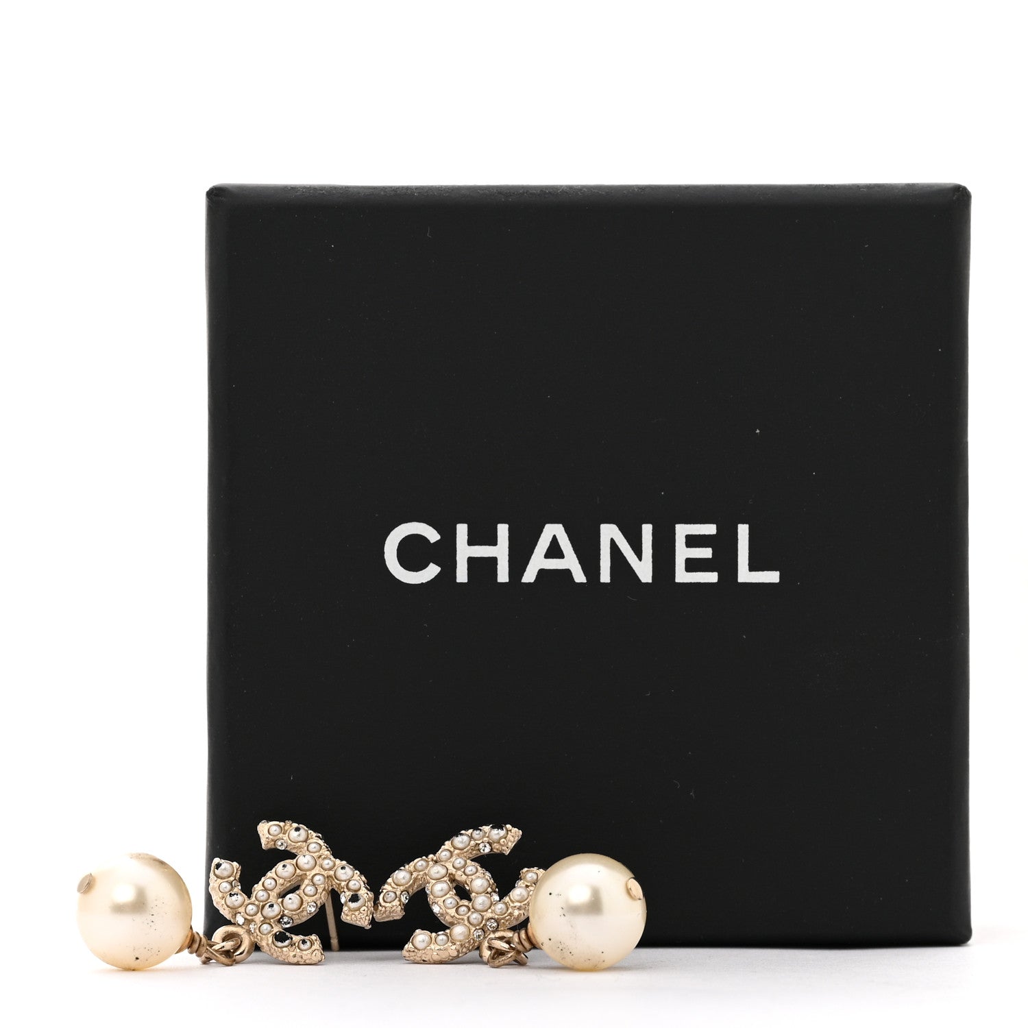 Chanel Crystal Pearl CC Drop Earrings Gold