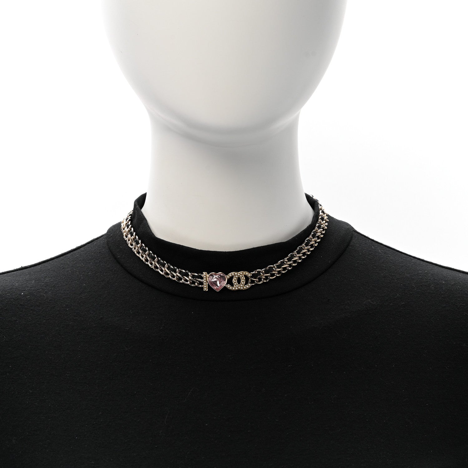 Chanel Metal Lambskin Crystal I Heart CC Choker Necklace Gold Black