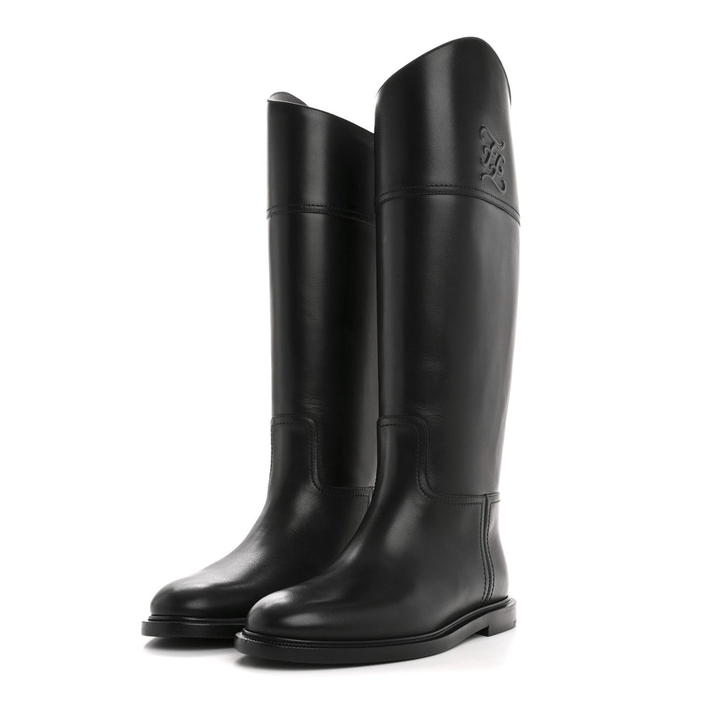 Fendi Vitello Karligraphy Embossed Tall Riding Boots 36 Black