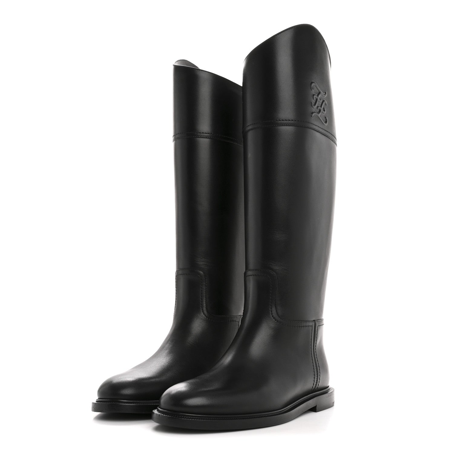 Fendi Vitello Karligraphy Embossed Tall Riding Boots 36 Black