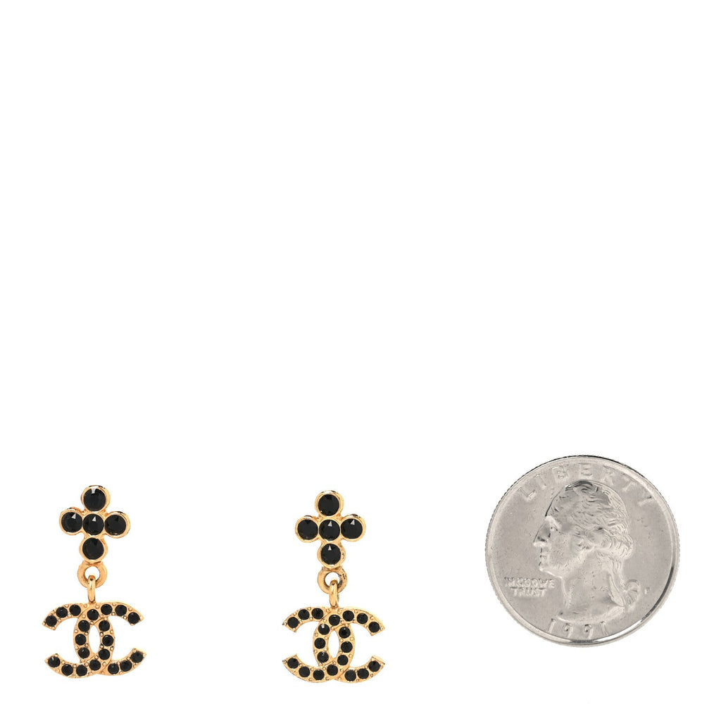 Chanel Crystal CC Drop Earrings Gold Black