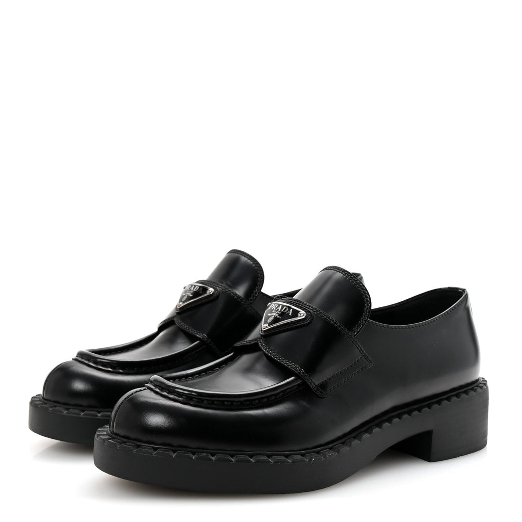 Prada Spazzolato Metal Triangle Logo 50mm Loafers 36.5 Black
