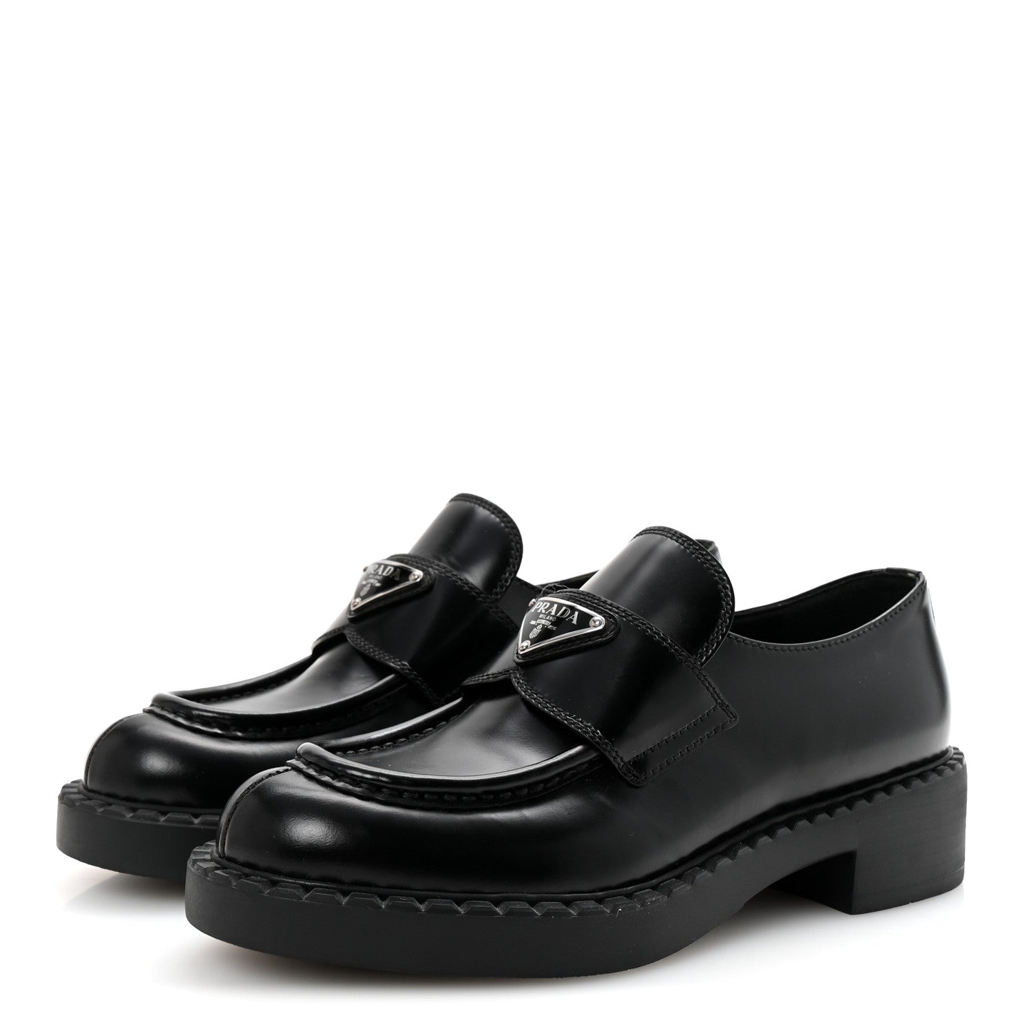 Prada Spazzolato Metal Triangle Logo 50mm Loafers 36.5 Black