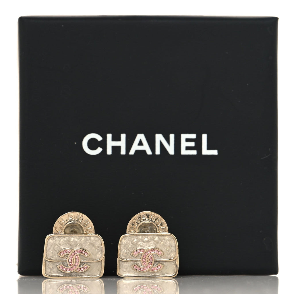 Chanel Metal Crystal Resin CC Top Handle Bag Clip On Earrings Pink White Gold