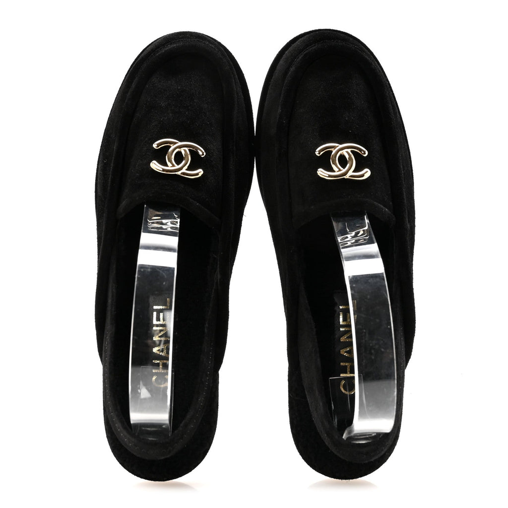 Chanel Suede Calfskin CC Slingback Loafers 39 Black