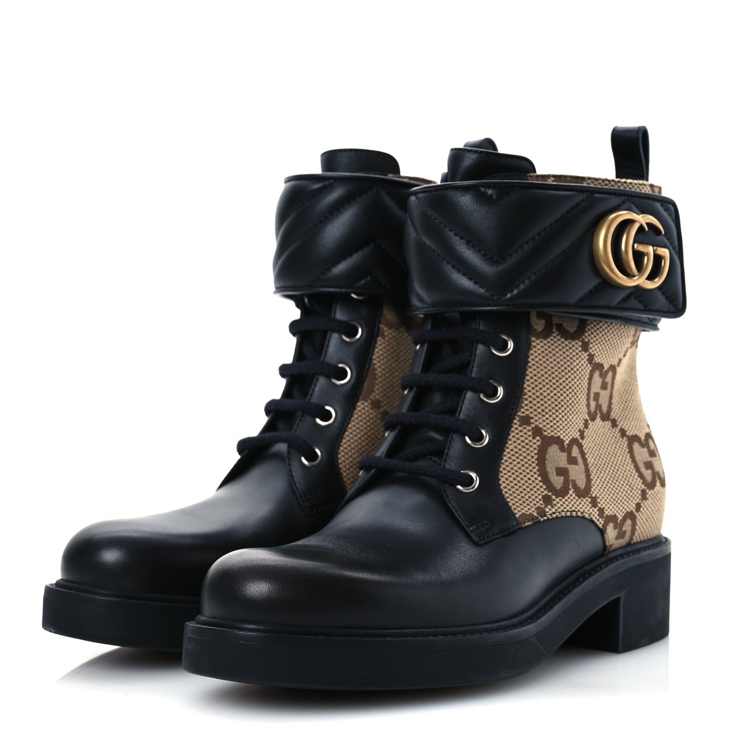 Gucci Flores Calfskin Monogram Maxi GG Nappa Matelasse Double G 40mm Ankle Boots 37 Black Camel Ebony
