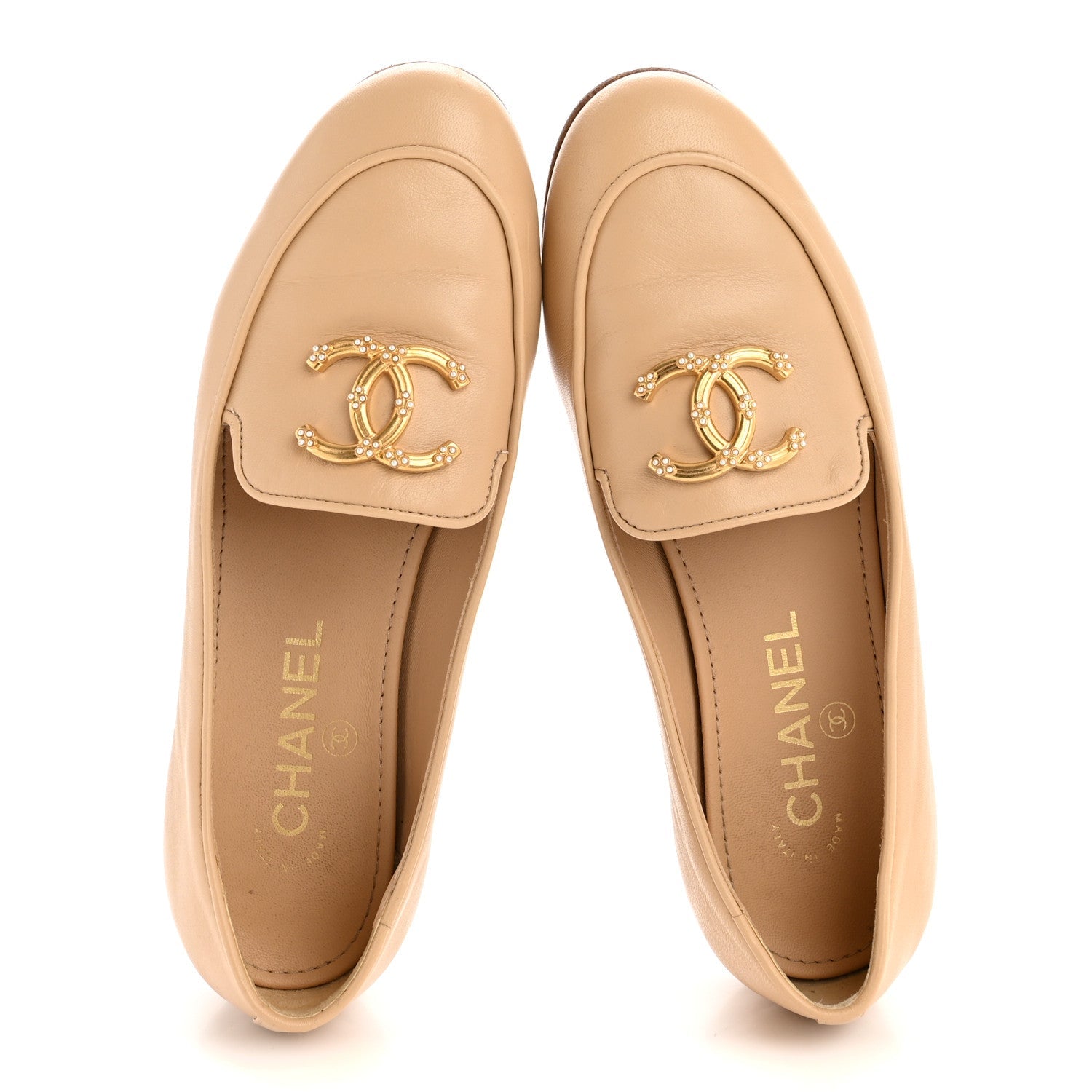 Chanel Lambskin Pearl CC Loafers 36 Beige