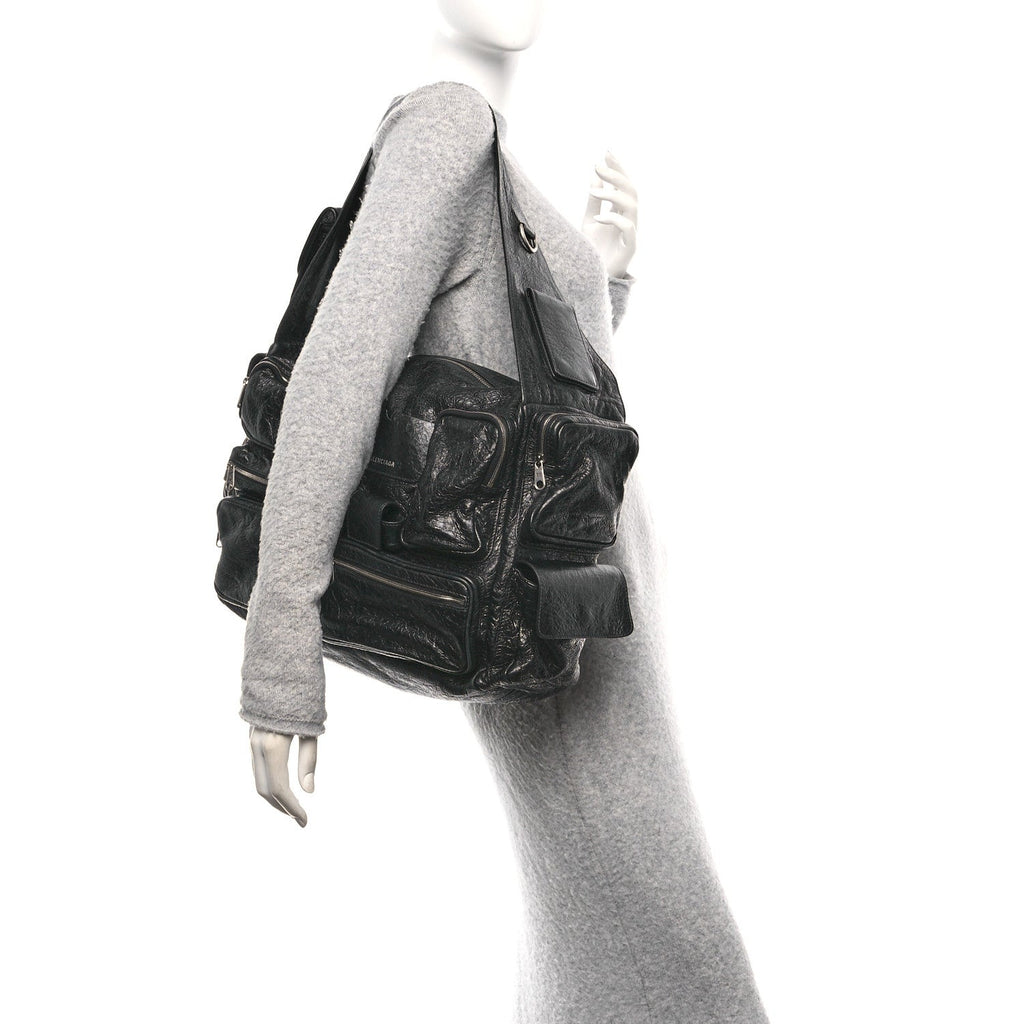 Balenciaga Agneau Arena Superbusy Large Sling Zip Shoulder Bag Black