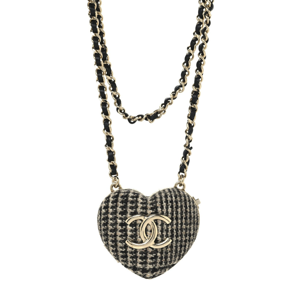 Chanel Tweed Lambskin CC Heart Locket Necklace Gold Black Beige