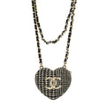 Chanel Tweed Lambskin CC Heart Locket Necklace Gold Black Beige