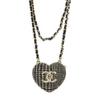 Chanel Tweed Lambskin CC Heart Locket Necklace Gold Black Beige