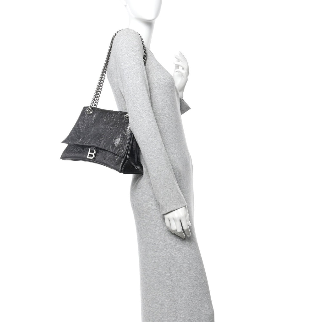 Balenciaga Metallic Crushed Calfskin Medium Crush Chain Bag Steel Grey
