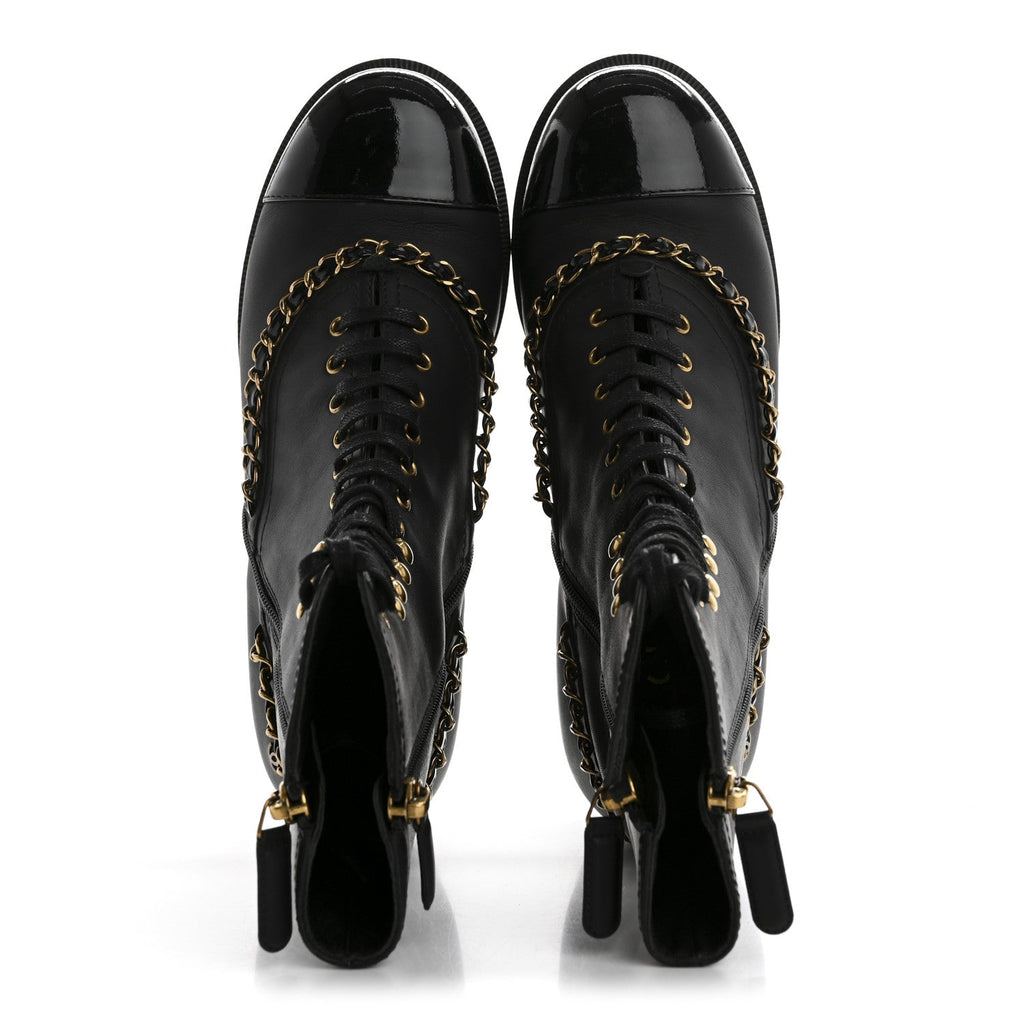 Chanel Calfskin Chain Lace Up Boots 36.5 Black