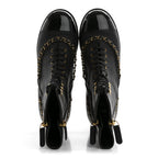 Chanel Calfskin Chain Lace Up Boots 36.5 Black