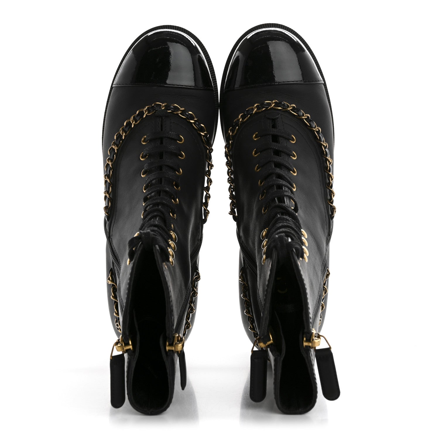 Chanel Calfskin Chain Lace Up Boots 36.5 Black