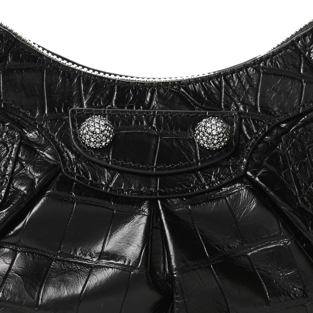 Balenciaga Extra Supple Calfskin Crystal Crocodile Embossed Le Cagole Shoulder Bag XS Black