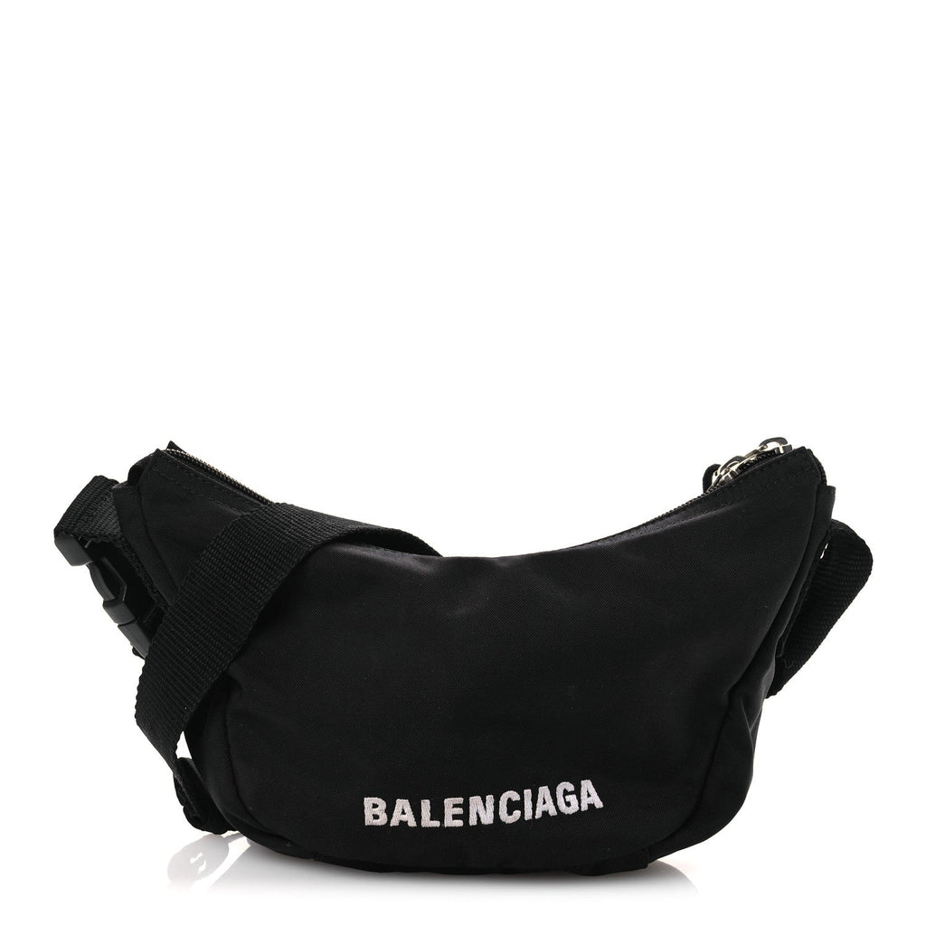 Balenciaga Recycled Sport Nylon Logo Embroidered Wheel Sling Bag Black White