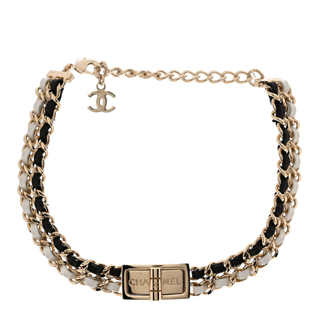 Chanel Metal Lambskin Reissue Lock Choker Necklace Black White Gold