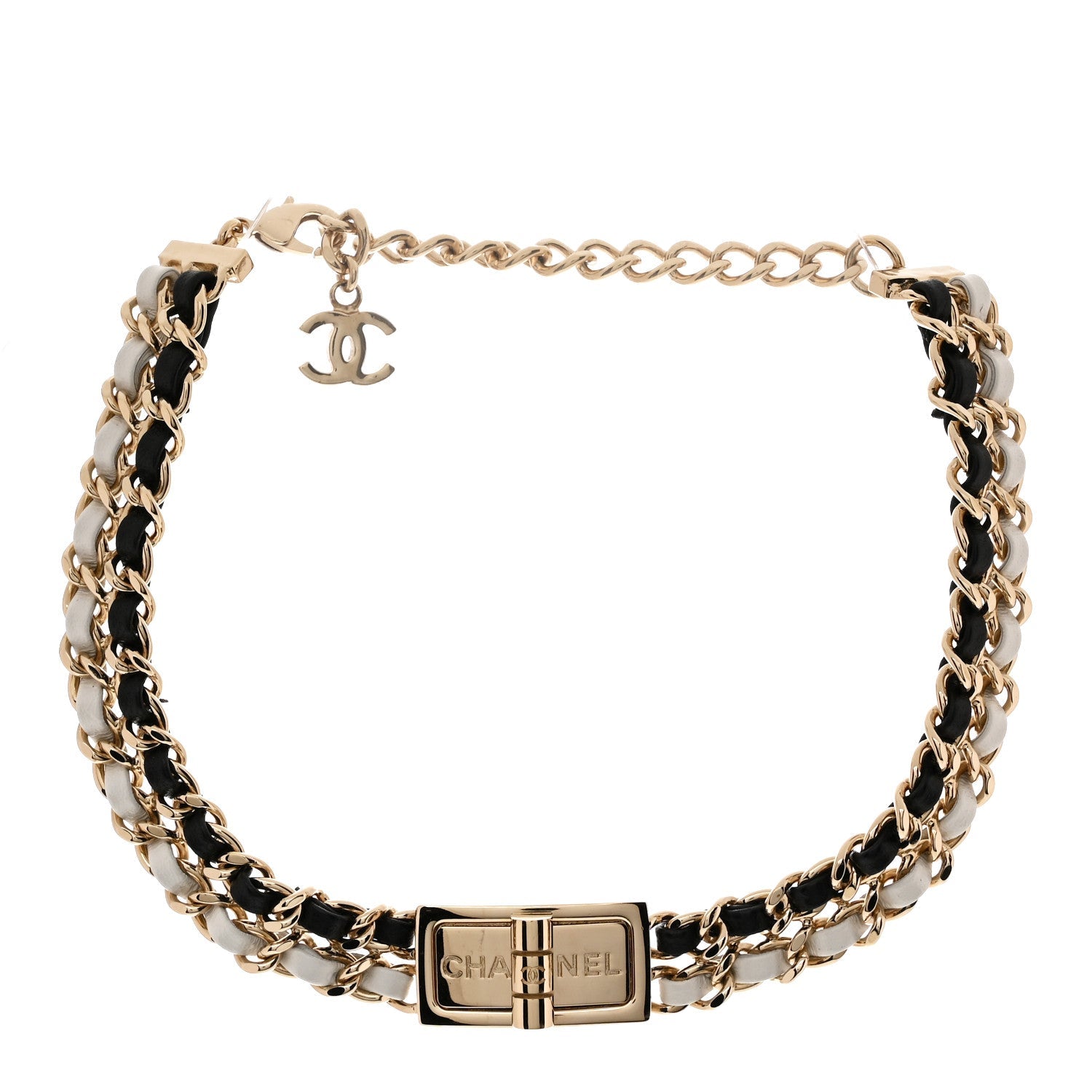 Chanel Metal Lambskin Reissue Lock Choker Necklace Black White Gold