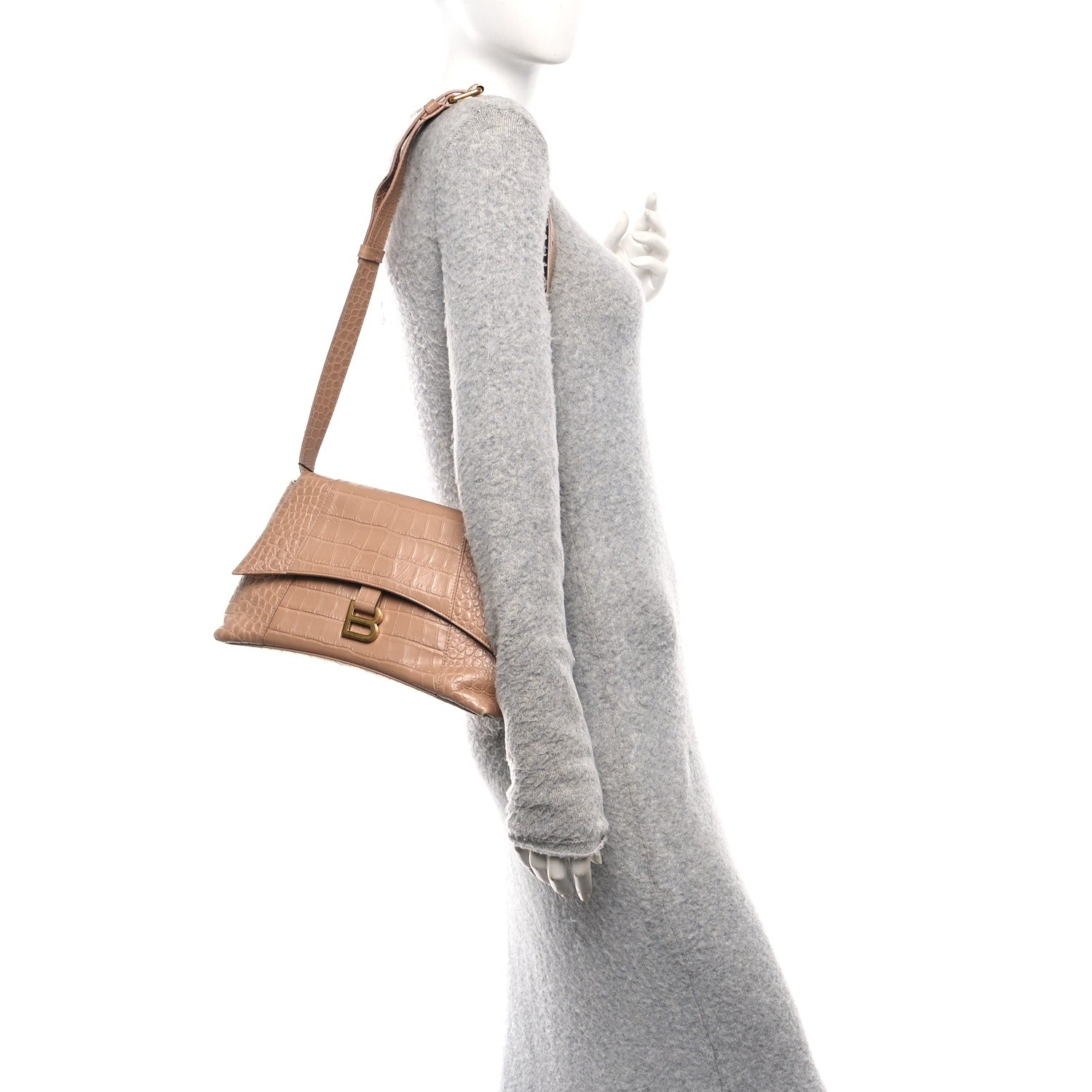 Balenciaga Extra Supple Calfskin Crocodile Embossed Small Downtown Shoulder Bag Nude Beige