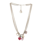 Christian Dior Metal Crystal Heart Charm Necklace Silver Pink