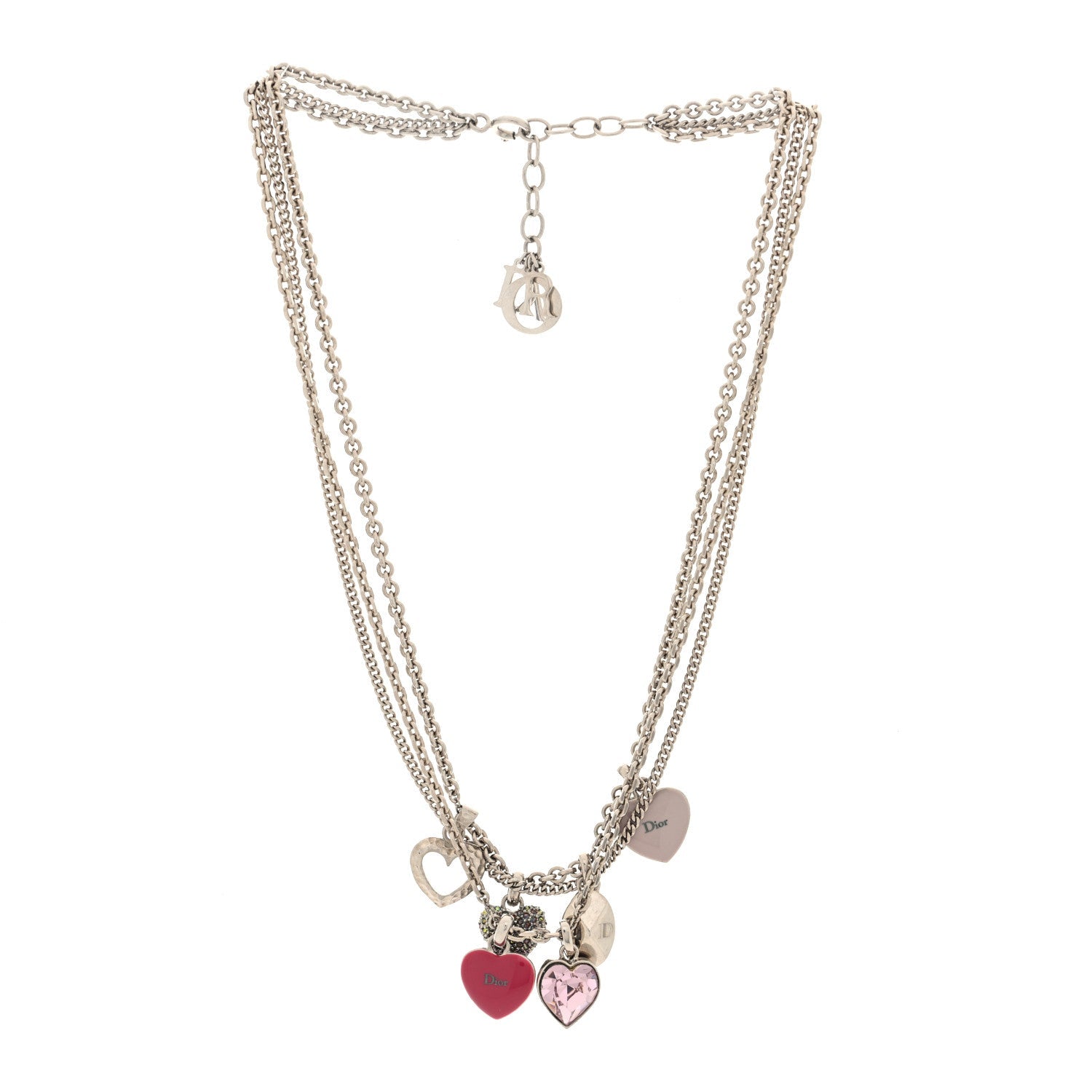 Christian Dior Metal Crystal Heart Charm Necklace Silver Pink