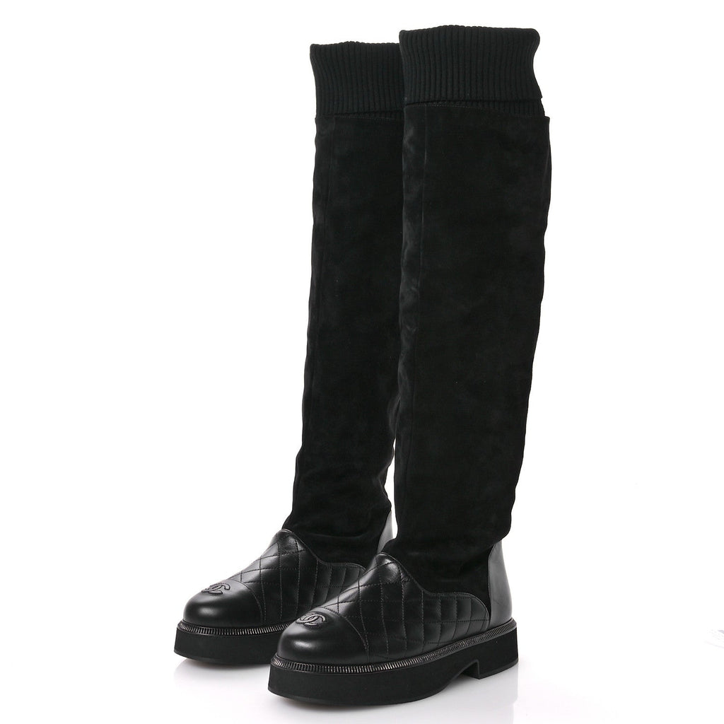 Chanel Suede Lambskin Calfskin Knit Womens High Boots 37 Black