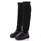 Chanel Suede Lambskin Calfskin Knit Womens High Boots 37 Black