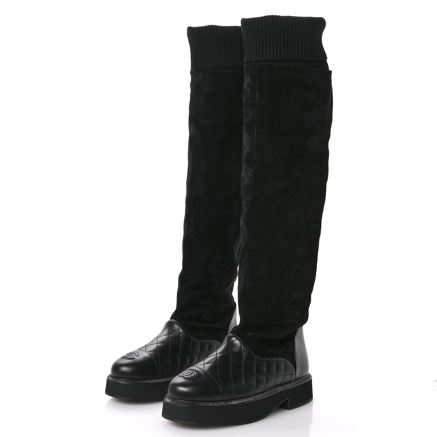 Chanel Suede Lambskin Calfskin Knit Womens High Boots 37 Black