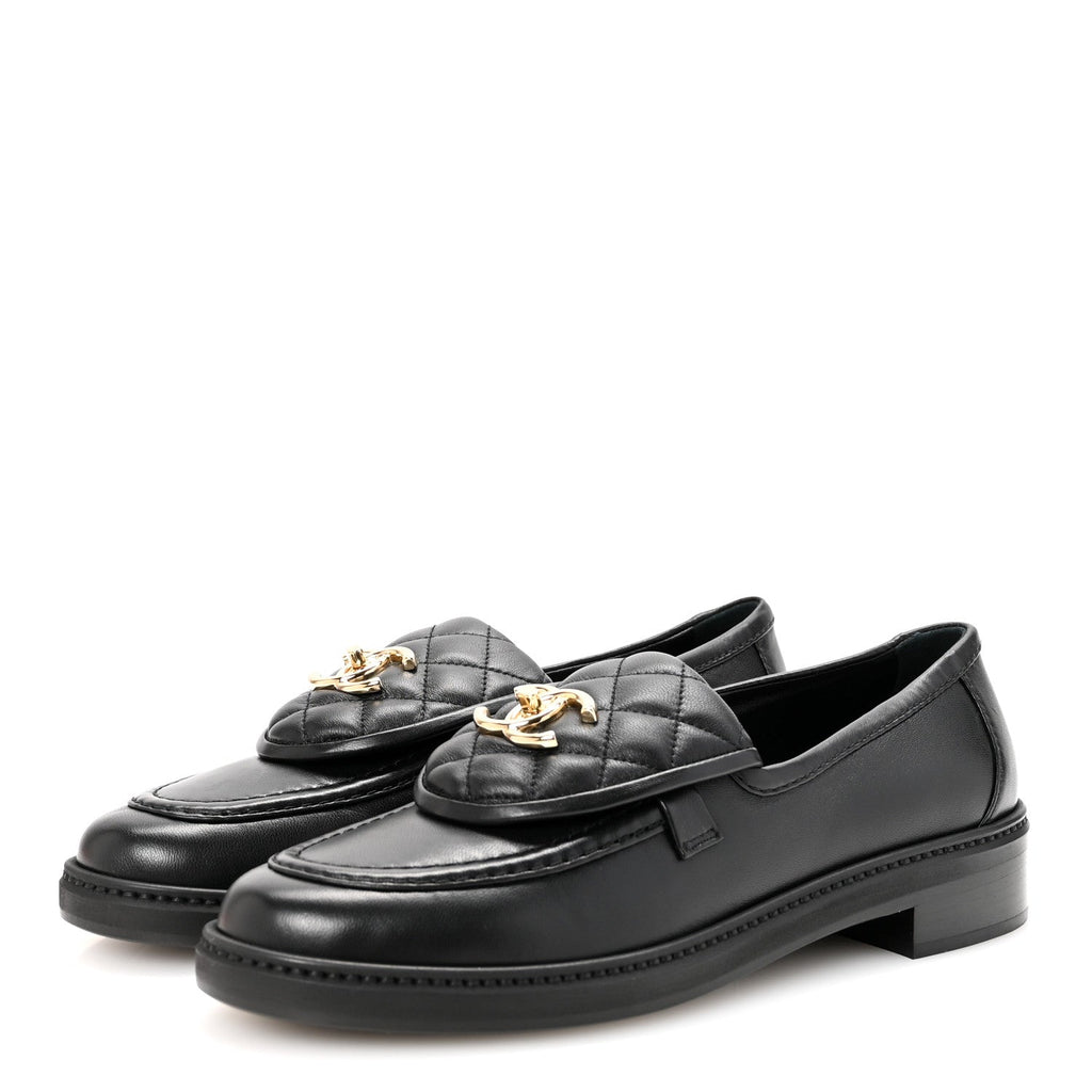 Chanel Crumpled Lambskin Quilted CC Turnlock Loafers 38.5 Black