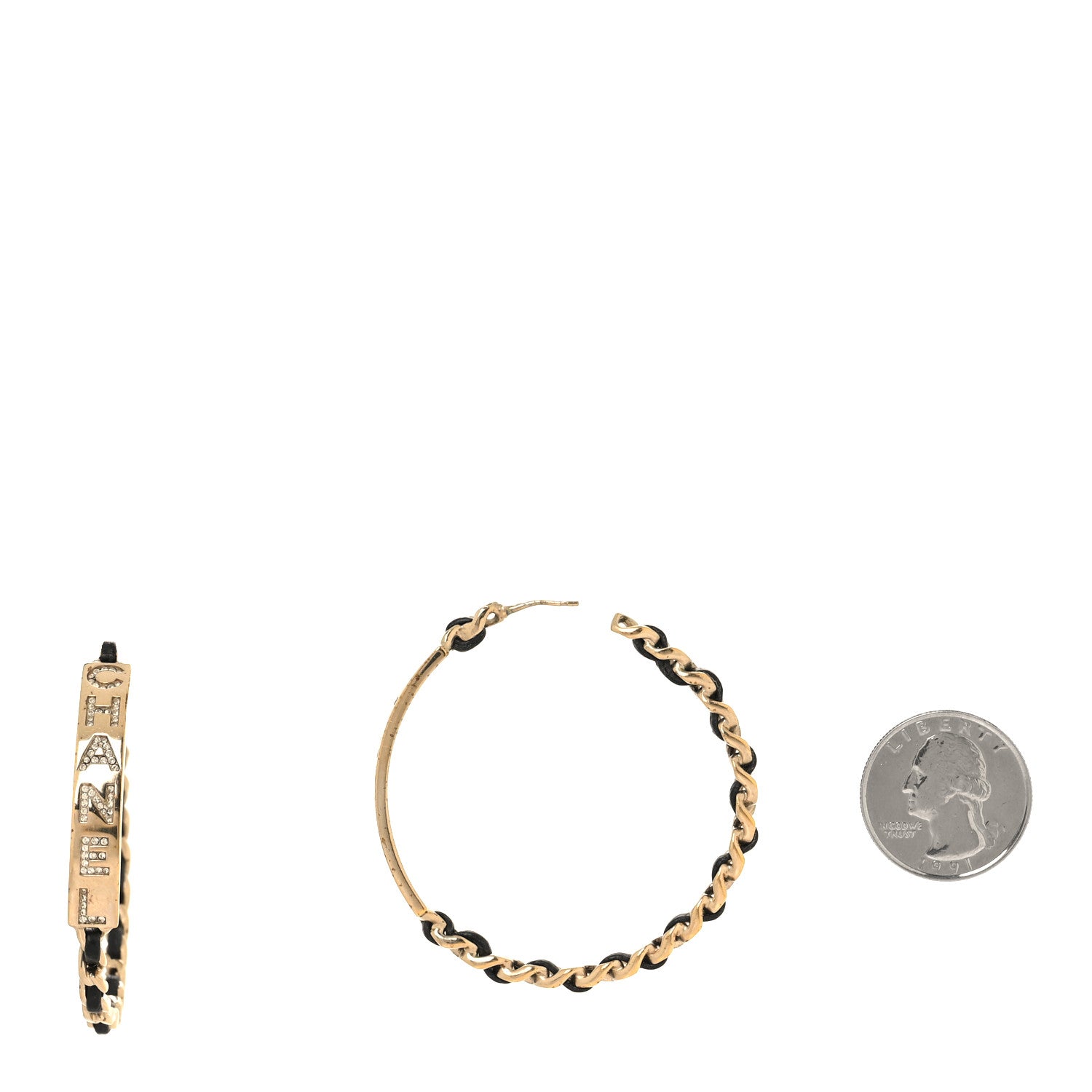 Chanel Metal Lambskin Crystal Sergeant Chanel Hoop Earrings Gold