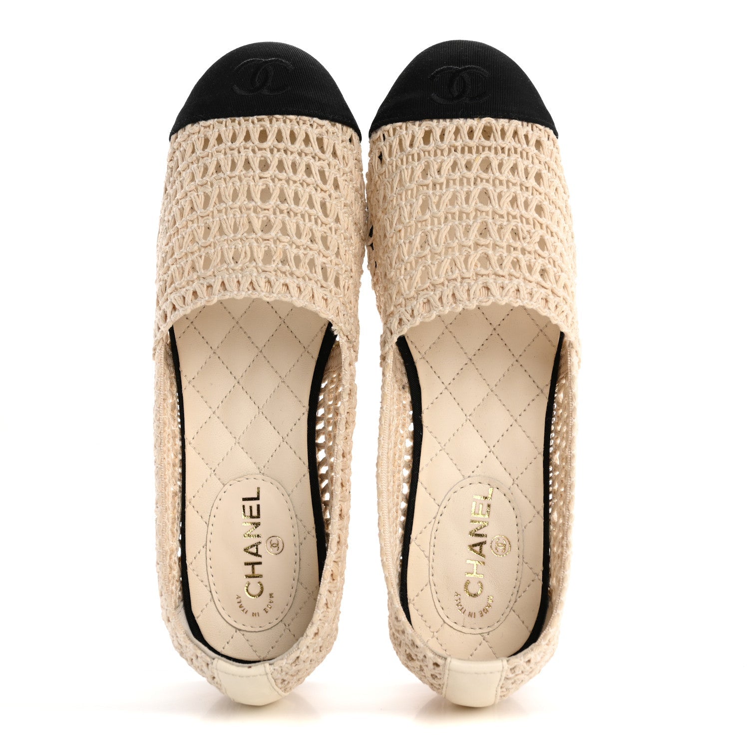 Chanel Knit Grosgrain Cap Toe CC Moccasin Loafers 35.5 Ivory Black