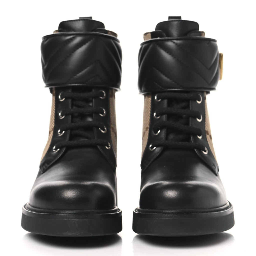 Gucci Flores Calfskin Monogram Maxi GG Nappa Matelasse Double G 40mm Ankle Boots 35.5 Black Camel Ebony