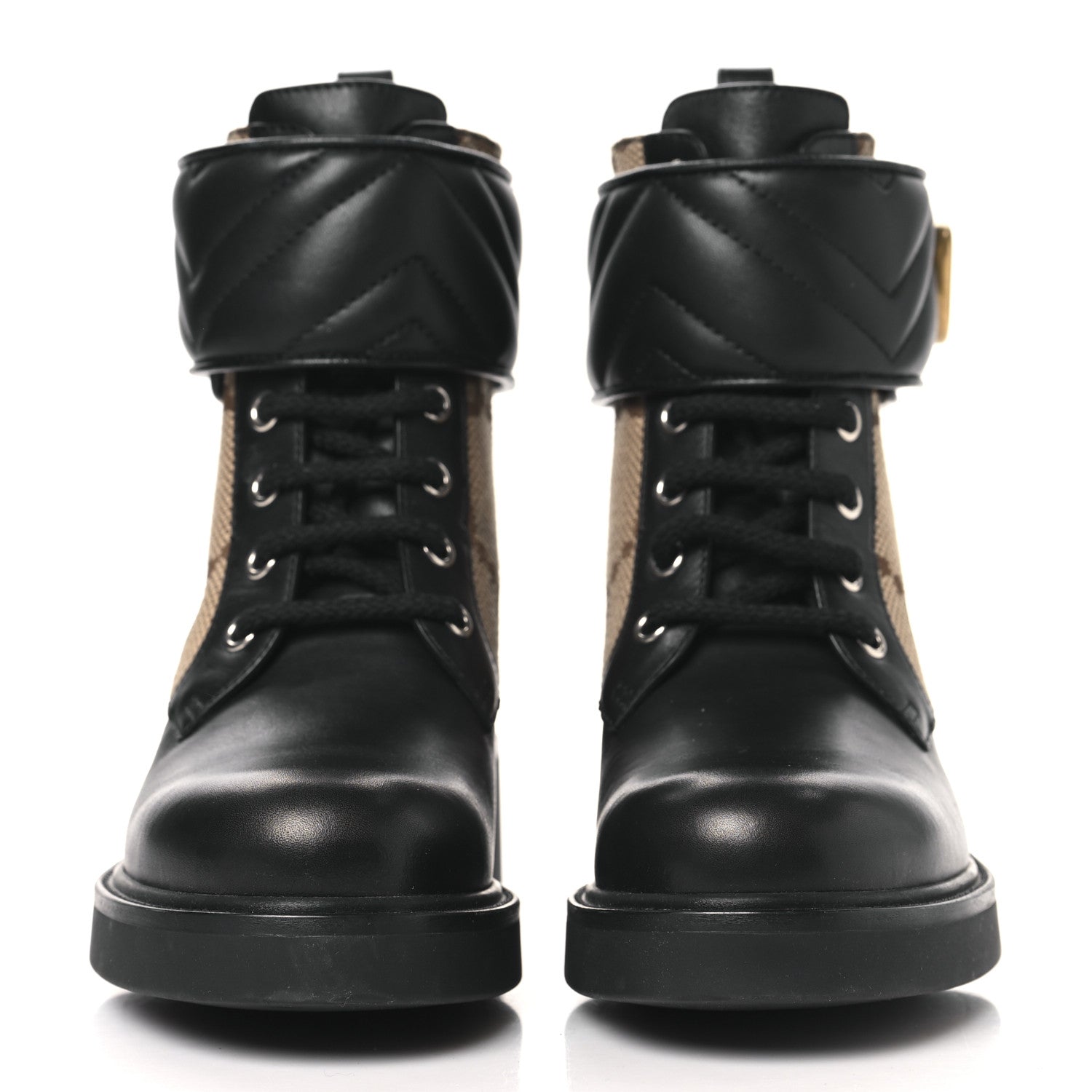 Gucci Flores Calfskin Monogram Maxi GG Nappa Matelasse Double G 40mm Ankle Boots 35.5 Black Camel Ebony
