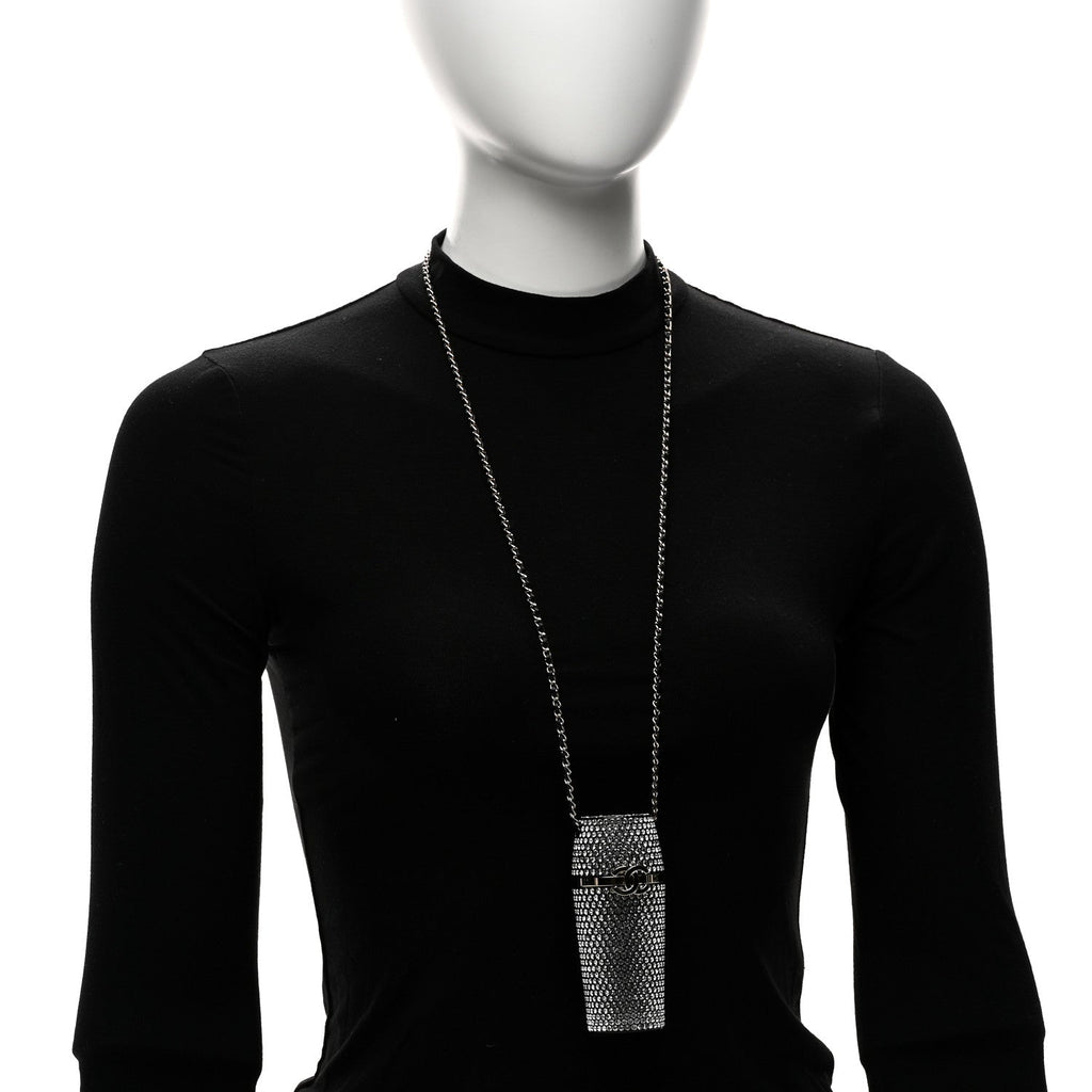 Chanel Metal Resin Lambskin Crystal Lipstick Case Long Necklace On Chain Silver Black Gold
